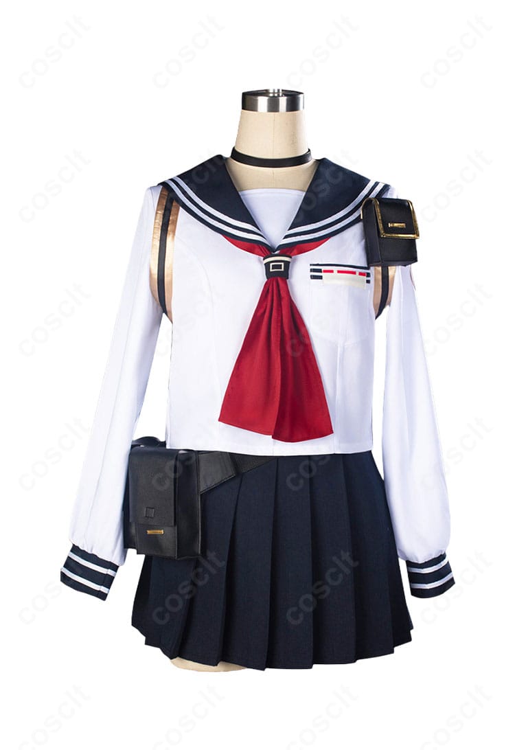 高倉クルミ FOX小隊通常制服コスプレ衣装の正面デザインとトップス、スカート、スカーフ