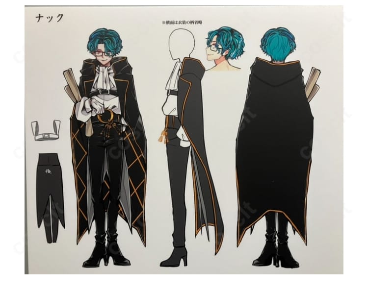 ナック・シュタイン コスプレ衣装のマント、シャツ、パンツ、手袋、胸ベルト、腰飾りを確認できる全体ディテール
