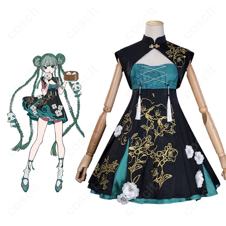 初音ミクのキャラクターイメージとツリービレッジカフェ版チャイナ風コスプレ衣装の商品構成