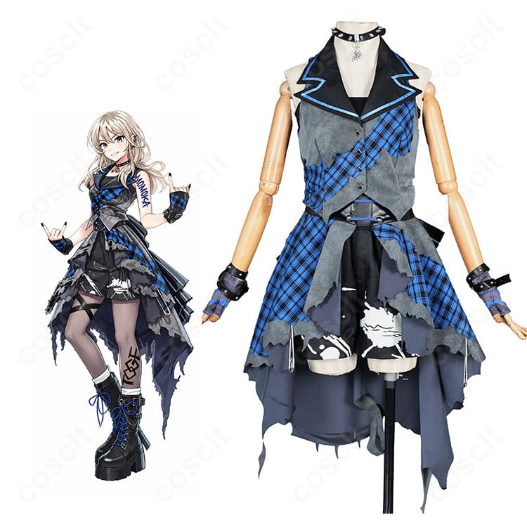 ガールズバンドクライの河原木桃香のキャラクター画像とブルーチェック×ブラックのコスプレ衣装