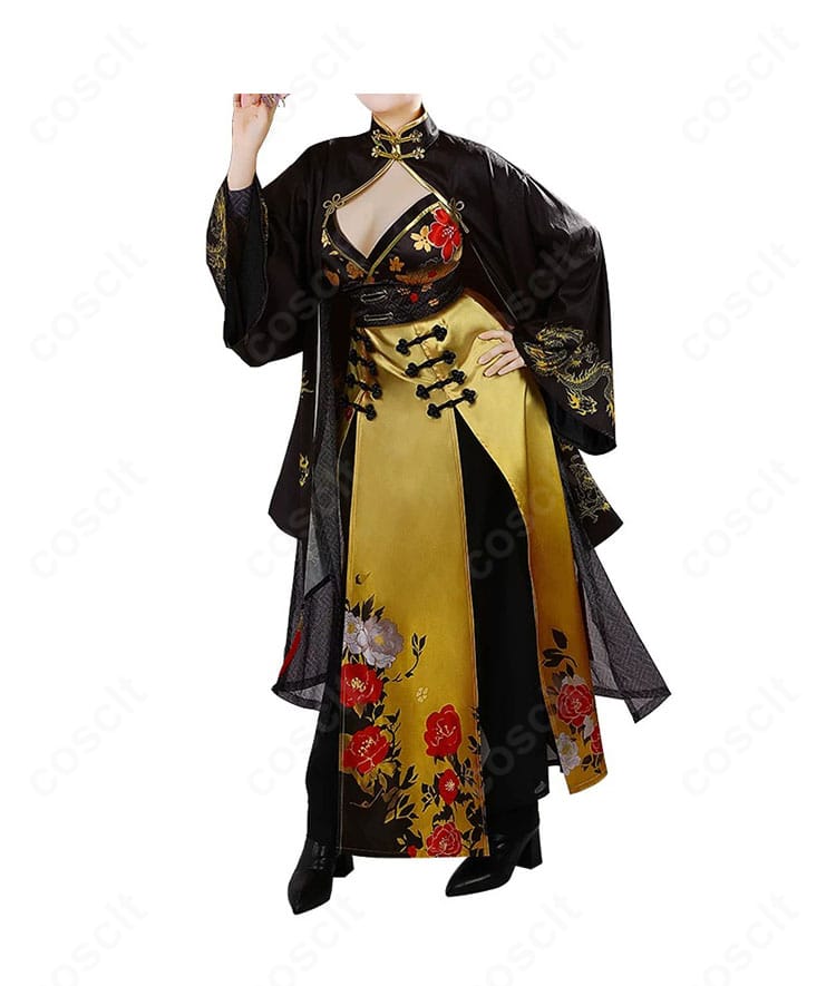 モラン通常衣装コスプレの正面デザインと黒×ゴールドのチャイナ風シルエット