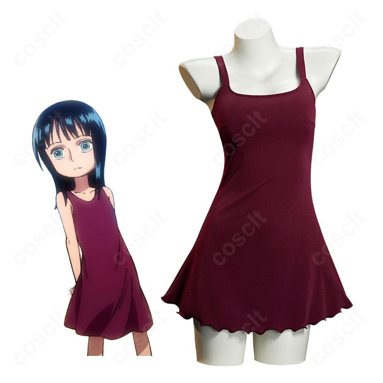 ニコ・ロビン幼少期のキャラクター画像とボルドーワンピースのコスプレ衣装を並べた比較画像