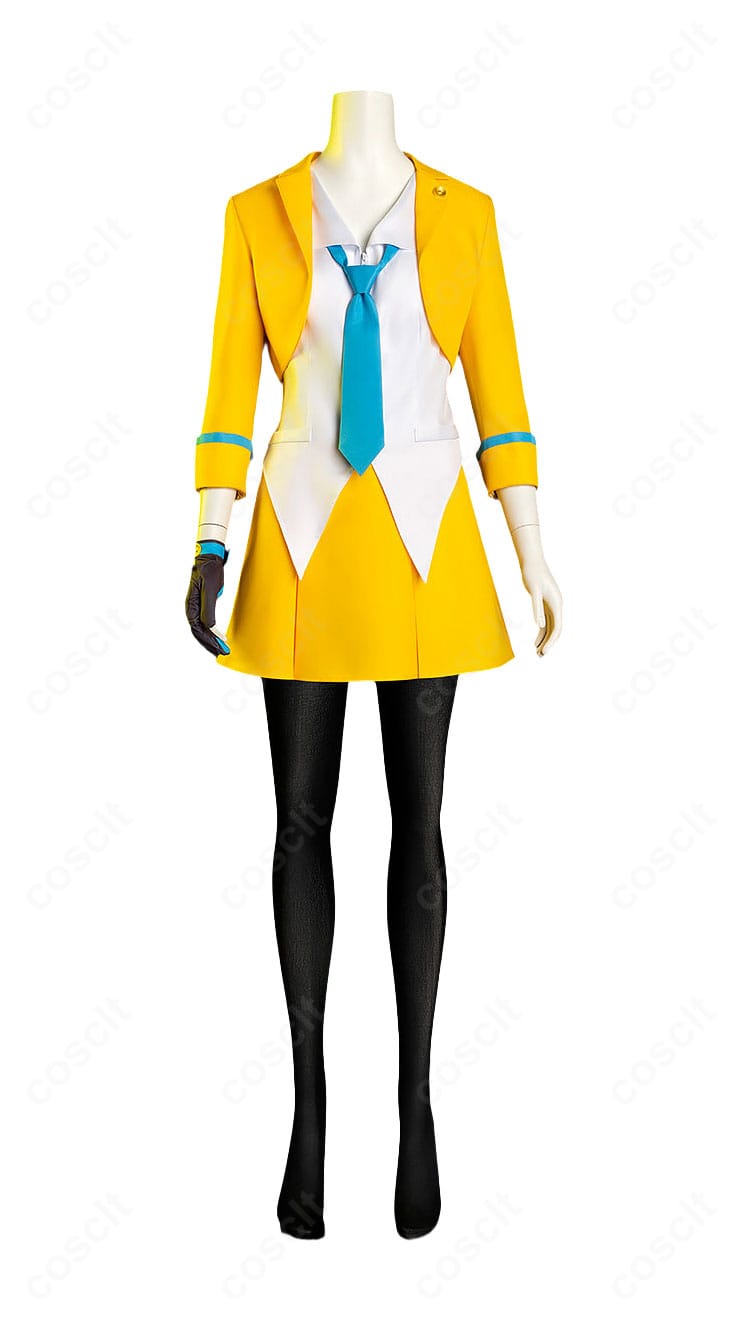 希月心音コスプレ衣装の正面デザインと黄ジャケット、シャツ、スカート