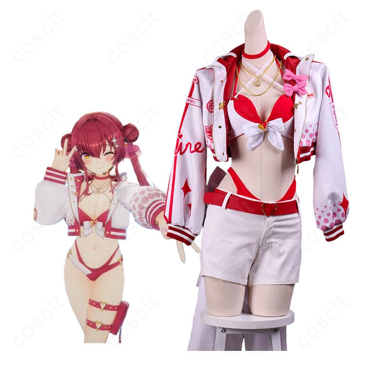 ホロライブ宝鐘マリンのキャラクター画像と、くらげ風水着3D新衣装の商品画像