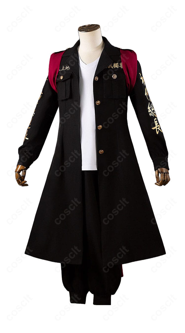 東京卍リベンジャーズ 佐野万次郎の東京卍會特攻服コスプレ衣装の正面画像。黒いロングジャケットと胸元の金色の文字刺繍を紹介