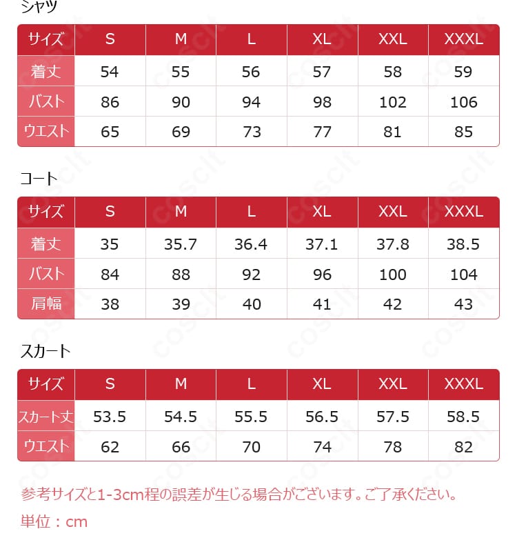 マシュ・キリエライト 英霊学装コスプレ衣装のセット内容とサイズ案内画像