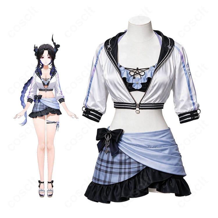 ホロライブEnglish ネリッサ・レイヴンクロフトのキャラクタービジュアルと水着衣装(#AzureWaves)のコスプレ商品を並べた紹介画像
