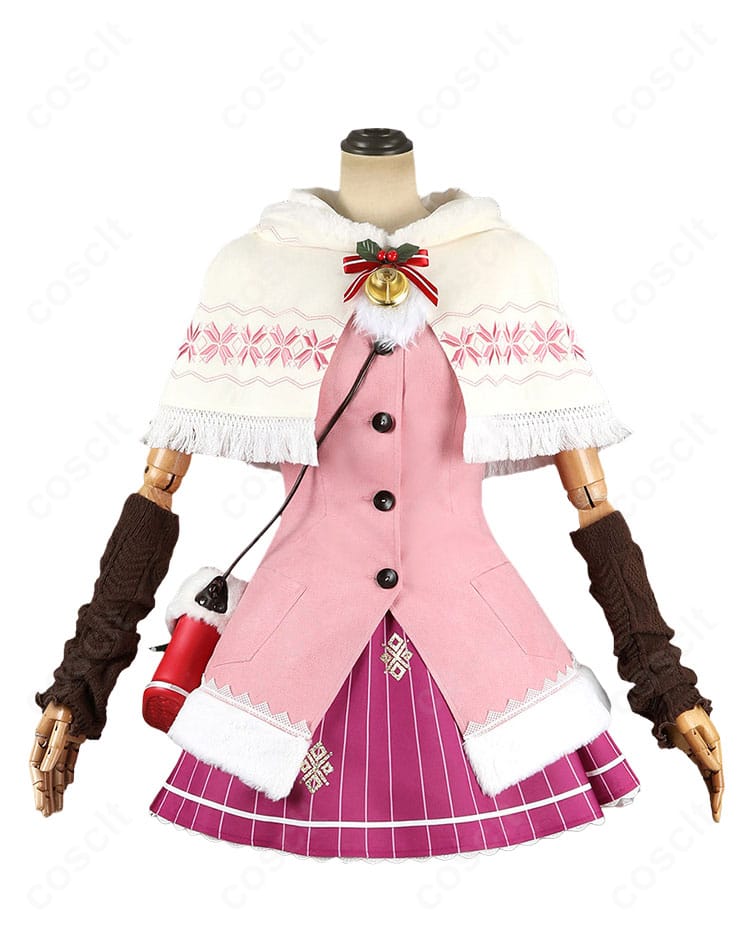 ラムのクリスマスコスプレ衣装の正面写真。ピンクとホワイトを基調としたトップス、ケープ、スカートの組み合わせ