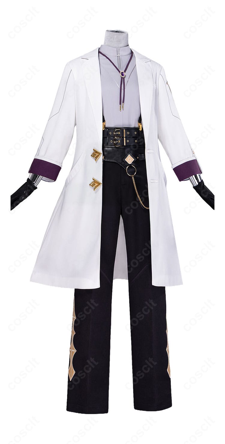 神代類 スペキュラティブコート コスプレ衣装の正面画像、白いロングコートと紫色の袖口