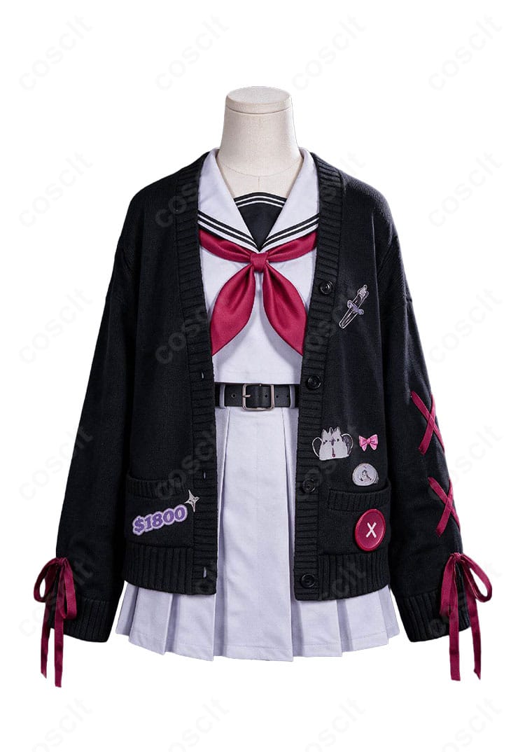古石ビジュー コンバットアカデミー制服コスプレ衣装の正面全体、セーラートップスとカーディガン、プリーツスカートの組み合わせ