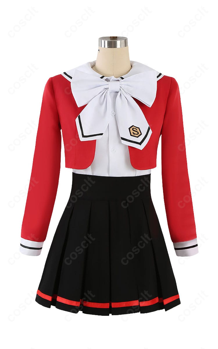 獅堂光の制服コスプレ衣装の正面全体図。赤いジャケットと黒いプリーツスカートを組み合わせたスタイル