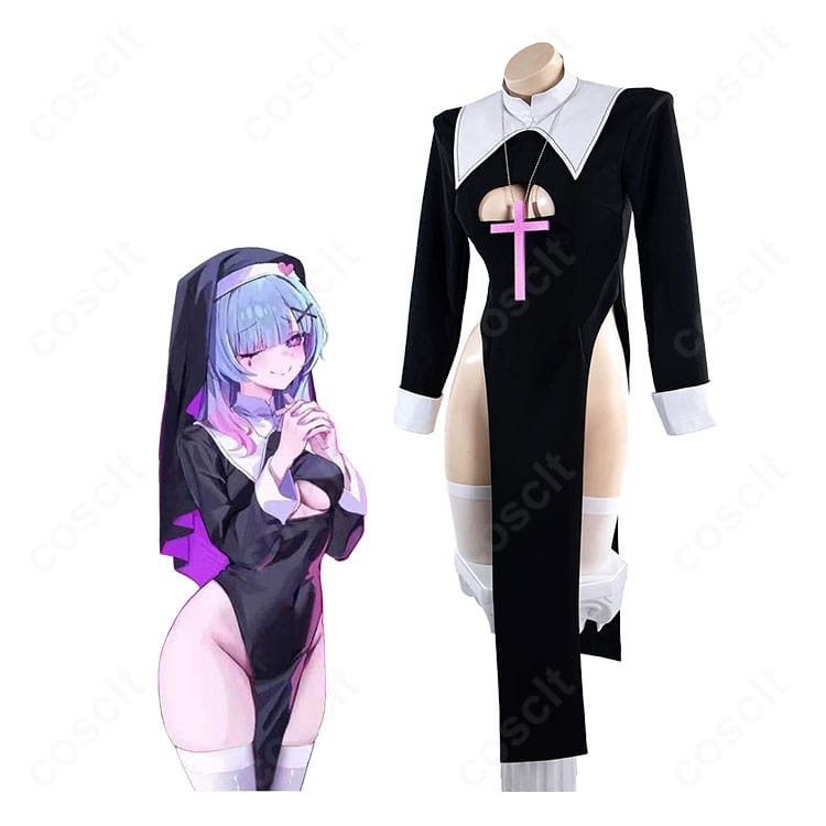 初音ミク「ラビットホール」シスターVer.のキャラクターイメージと黒い修道女風コスプレ衣装の商品展示