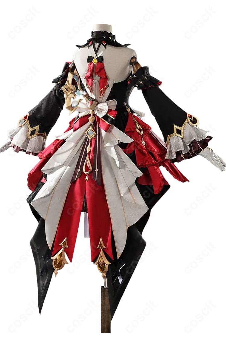 原神 サンドローネ コスプレ衣装の背面。黒い上半身と白・赤の大きなリボン、左右に垂れる装飾布のデザイン