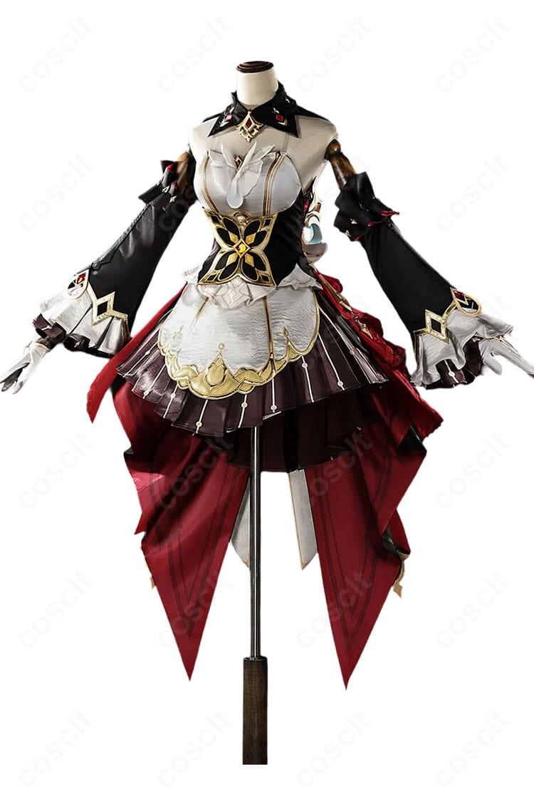 原神 サンドローネ 鏡水の解明Ver. コスプレ衣装の正面。白い胸元と黒い胴部分、金色の幾何学模様、重なりのあるスカートを展示