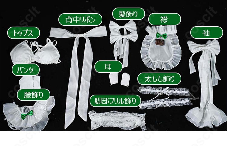 水着キングプロテア コスプレ衣装のトップス、パンツ、背中リボン、髪飾りなどのセット内容一覧画像