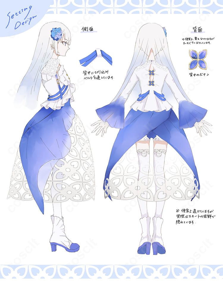 妃那子1stワンマンライブをイメージしたドレスの側面と背面を示す衣装デザイン画像