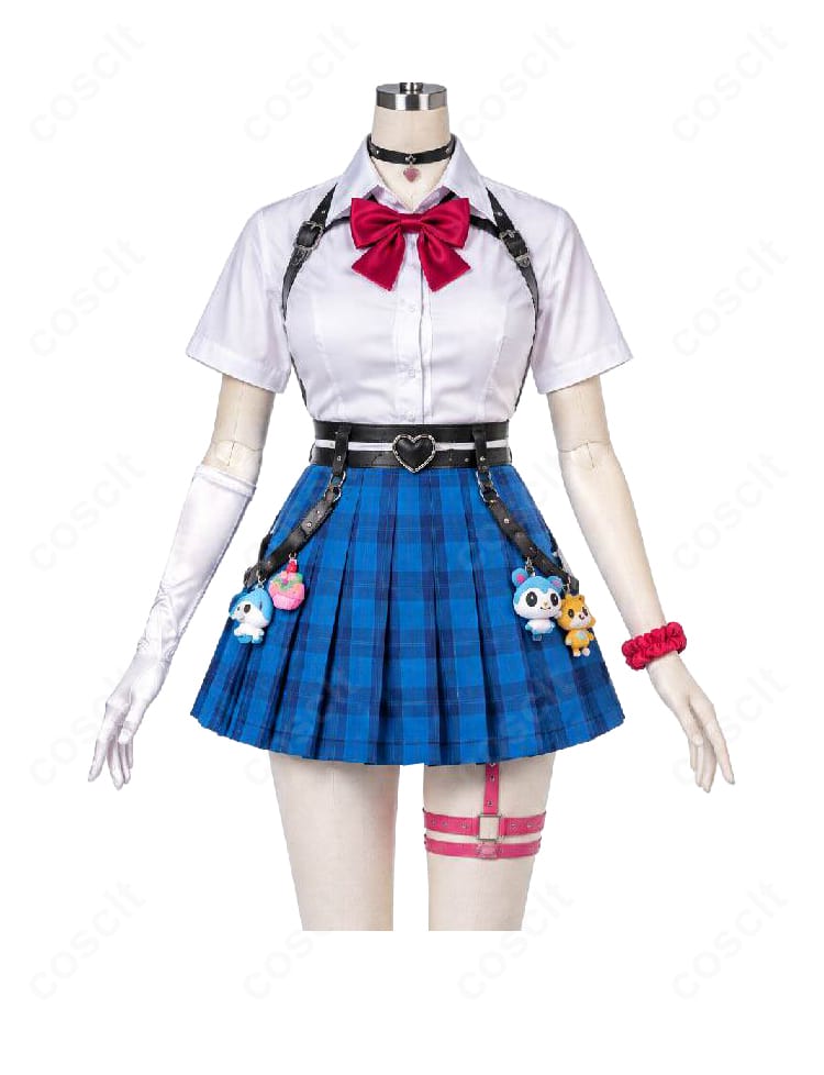 ラオーラ・パンテーラのオタク女子制服衣装、白い半袖シャツと青いチェック柄プリーツスカートの正面ディテール