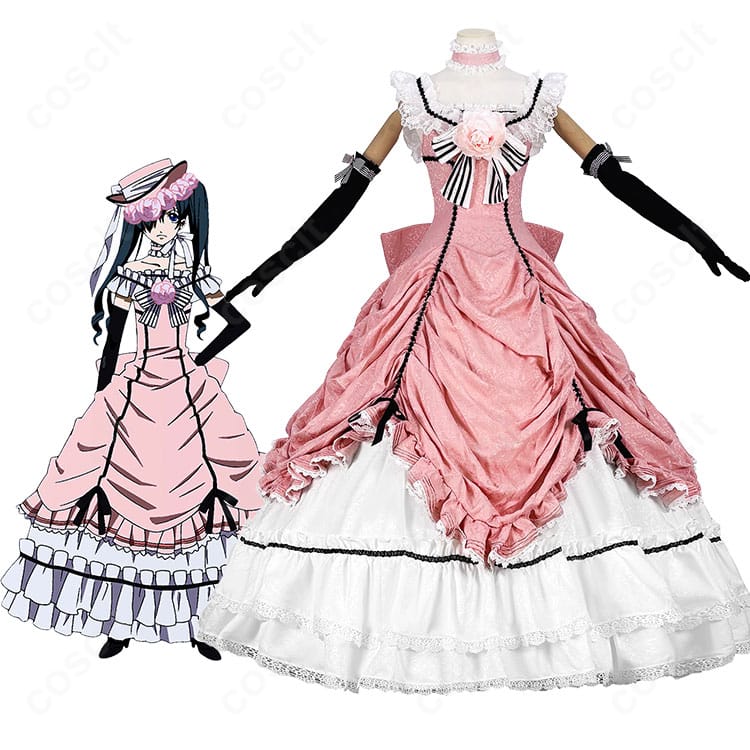 『黒執事』シエル・ファントムハイヴのキャラクター画像とピンクの駒鳥衣装コスプレドレスの展示画像