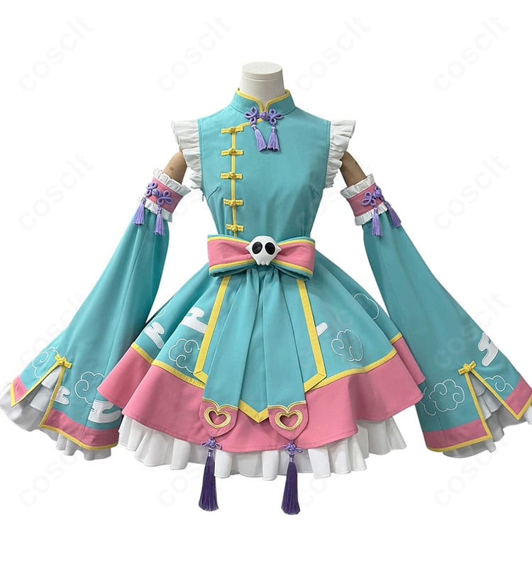 八尋寧々 ゆめかわチャイナVer. コスプレ衣装の正面全体を紹介する画像。ターコイズブルーとピンクを基調としたチャイナ風の装い