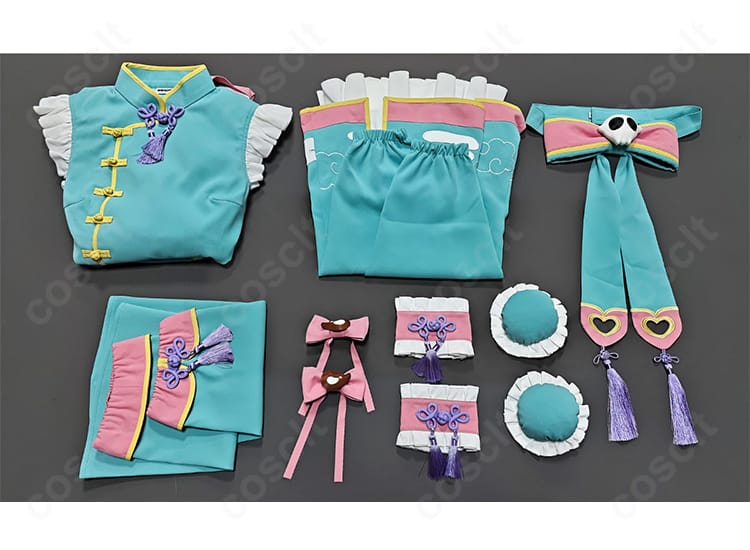 八尋寧々 ゆめかわチャイナVer. コスプレ衣装のセット内容。ワンピース、袖パーツ2点、帯、レッグカバー2点、髪飾り4点、アームカバー2点の構成を紹介する画像