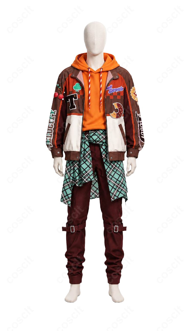 トレイ・クローバー スウィートアバターVer.コスプレ衣装の正面画像。ブラウン系のスタジャン、オレンジのパーカー、チェック柄シャツを組み合わせた衣装