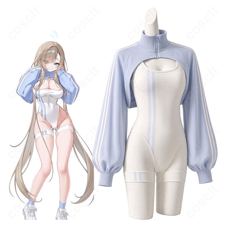 ブルーアーカイブ 一之瀬アスナのキャラクターイメージと二次創作スポーツウェア風コスプレ衣装の商品展示画像