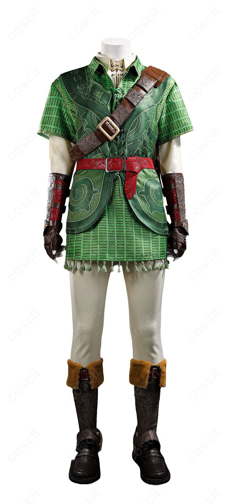 ゼルダの伝説 時のオカリナ リンクのコスプレ衣装の正面画像。緑のチュニックを中心とした全体の組み合わせ
