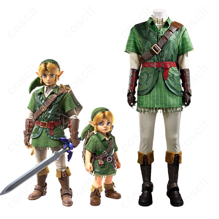 『ゼルダの伝説 時のオカリナ』リンクのキャラクター画像とコスプレ衣装の商品画像を並べた紹介画像