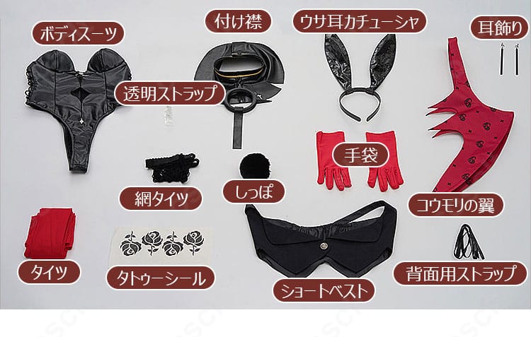 『Fate/Grand Order』バーヴァン・シー「ブラッディ・バニー」コスプレ衣装のボディスーツと各種付属品をまとめたセット内容展示画像
