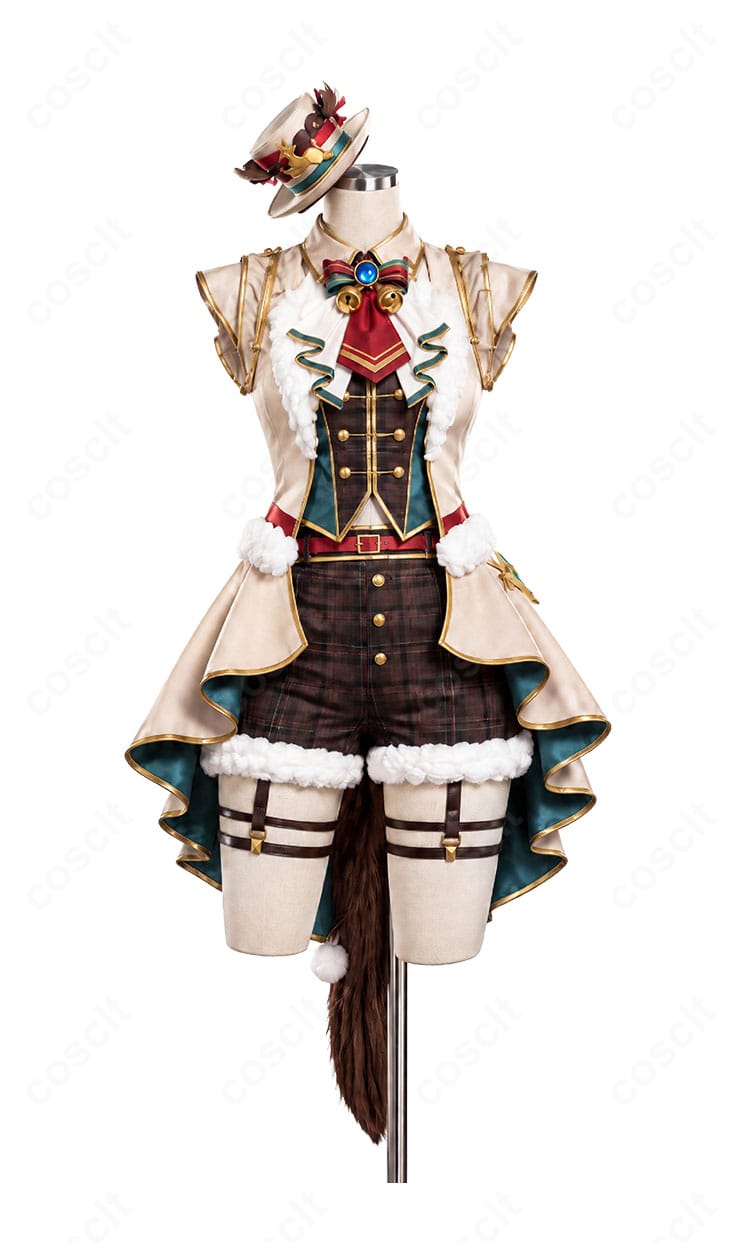 メジロパーマー［赤心のトナカイさん］コスプレ衣装の正面全体、チェック柄や金色の縁取りを取り入れたクリスマス衣装