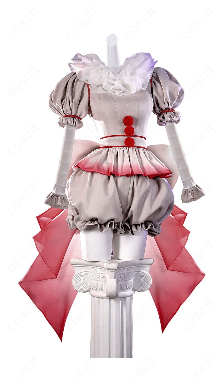 ペニーワイズ HORROR美少女版コスプレ衣装の正面画像、パフスリーブと赤いポンポンを配したトップス