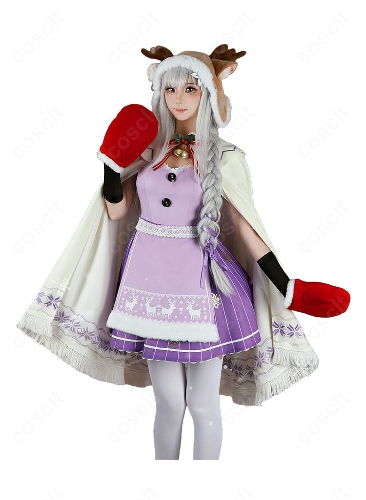 エミリアのクリスマスコスver.コスプレ衣装を着用した全身イメージ、ワンピースとケープの組み合わせ