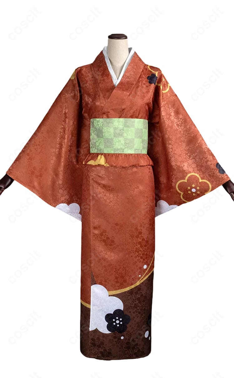 桃園奈々生のコスプレ衣装正面写真、赤茶色の花柄着物と淡い緑色の市松模様の帯