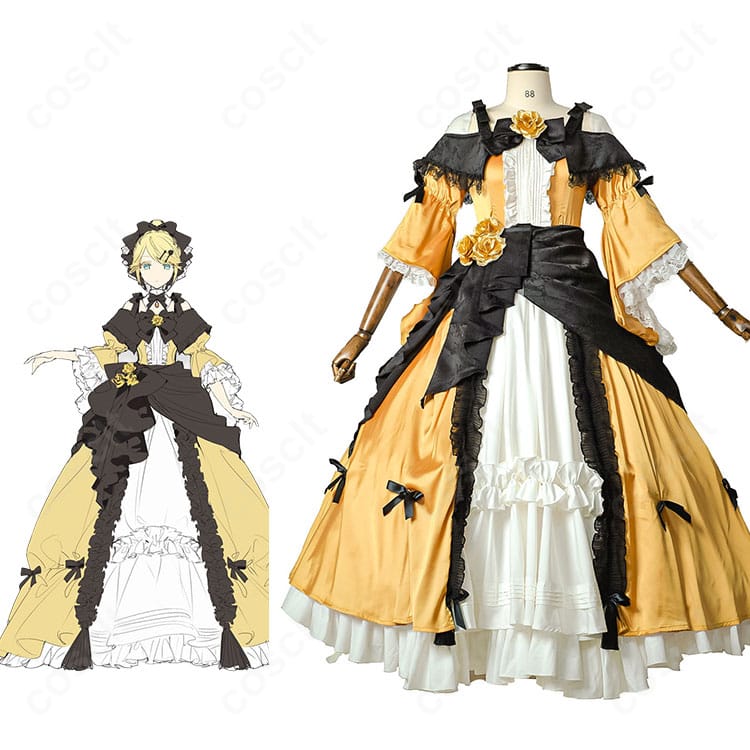悪ノ娘 鏡音リンのキャラクター画像とゴールドドレスのコスプレ衣装を並べた比較画像
