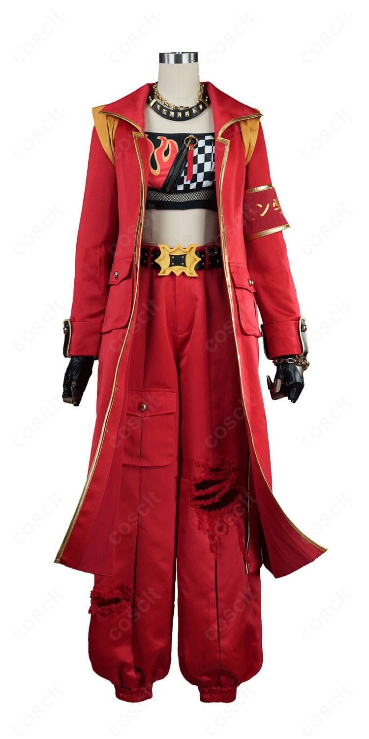ジャングルポケット ヴァーミリオン・ヘッド 勝負服コスプレ衣装の正面全体、赤を基調としたロングコート風デザイン