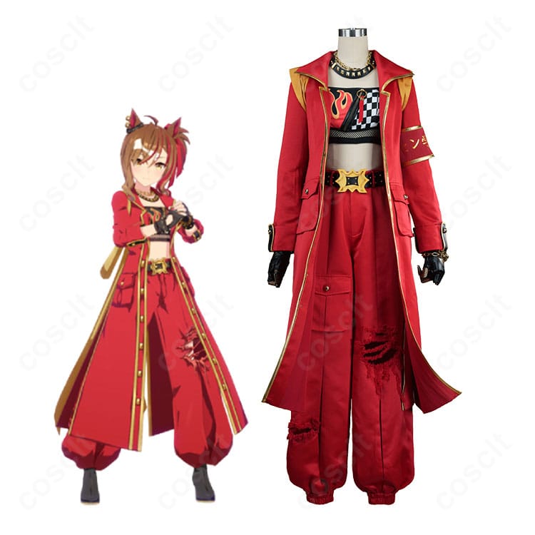 ウマ娘 プリティーダービー ジャングルポケット「ヴァーミリオン・ヘッド」のキャラクター画像と赤い勝負服コスプレ衣装の比較