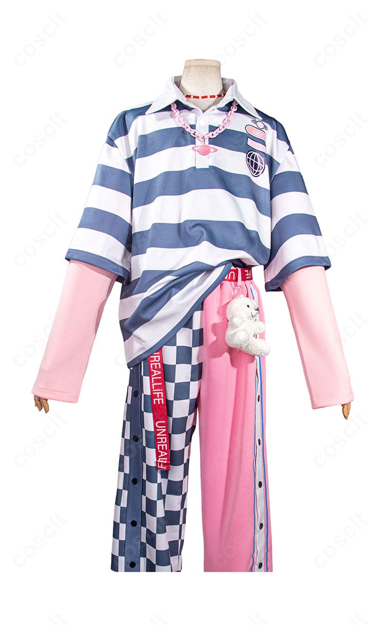 18TRIP 夜半 子タろ 私服Ver.コスプレ衣装の正面画像。ネイビーと白のボーダートップス、左右切替パンツを展示