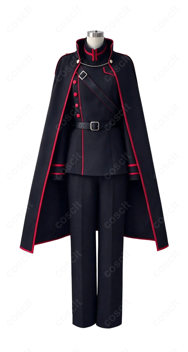 桃源暗鬼 鬼國隊制服コスプレ衣装の正面画像。立ち襟のトップスとロングマントを中心とした黒×赤のデザイン