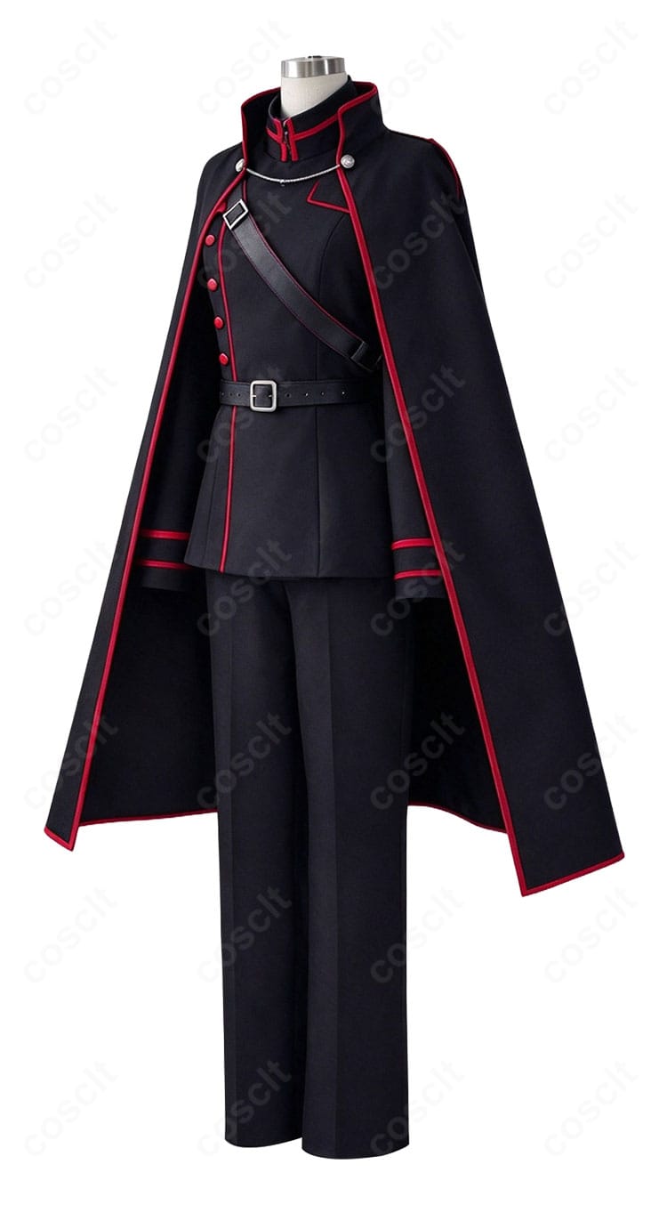 『桃源暗鬼』鬼國隊制服コスプレ衣装の側面画像。トップスとロングマントを組み合わせた横からのシルエット