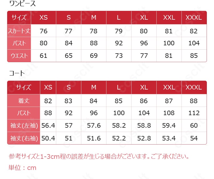 アークナイツ 夕（シー）衣装のサイズガイド。S〜XXLの寸法対応を示し、フィット調整の目安を提供。