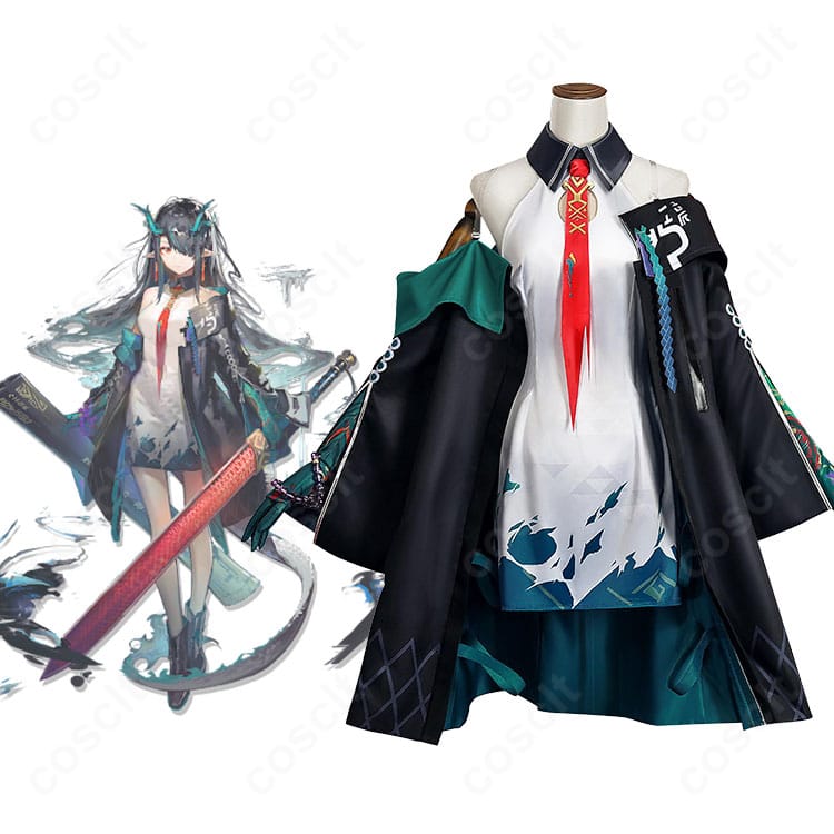 アークナイツ 夕（シー）術師コスプレ衣装の正面とキャラクター比較。配色や角・耳まで高忠実度で再現したセット全景。