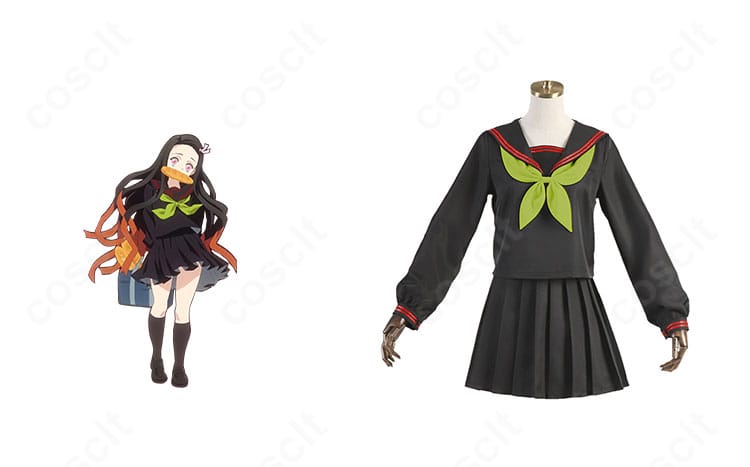 鬼滅の刃 竈門禰豆子 キメツ学園セーラー制服の正面とキャラクター比較。配色とラインを再現した学園風デザイン。