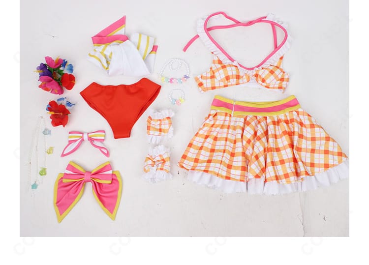 ウマ娘 水着スペシャルウィーク コスプレ衣装のセット内容一覧。トップスからアクセ類まで全10点を並べた画像