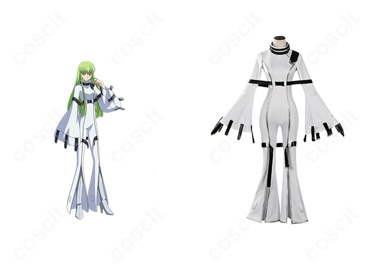 コードギアス C.C. 拘束衣コスプレの正面とキャラ比較。シルエットと装飾位置の再現度が一目で分かる解説画像
