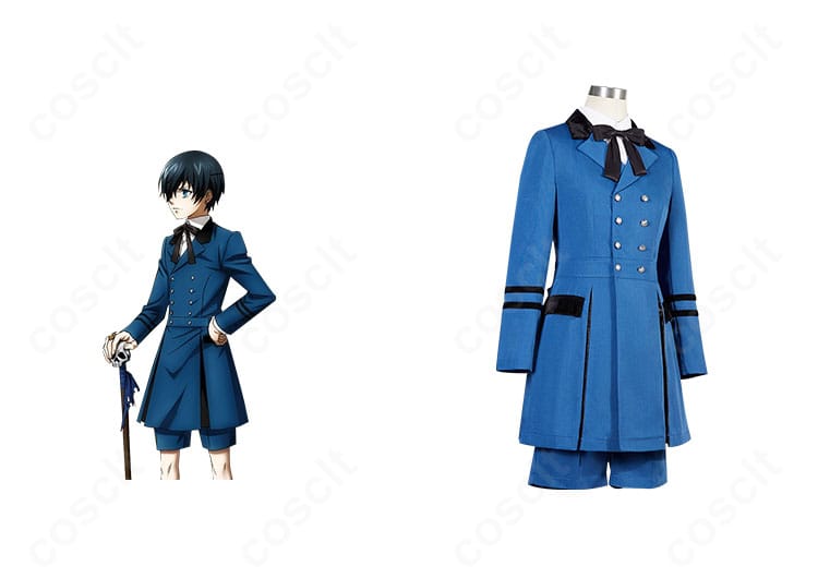 黒執事 シエル・ファントムハイヴ衣装の正面と公式ビジュアル比較。コートとショートパンツ、蝶ネクタイの再現度を確認できる画像