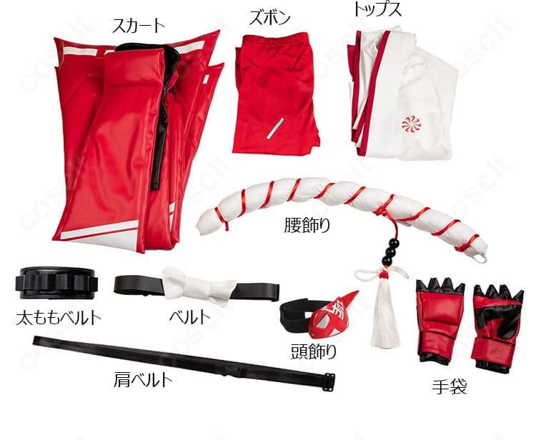 オーバーウォッチ2 キリコ コスプレ衣装フルセット内容。トップスから小物まで一式を並べて紹介