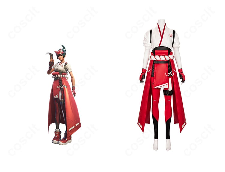 オーバーウォッチ2 キリコ衣装の正面全身とゲームモデル比較。配色と装飾の一致度を確認できる画像