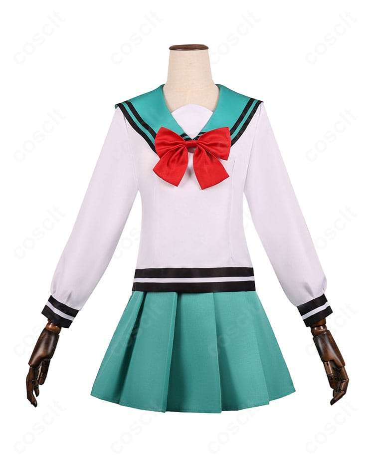 COSCLT製 照橋心美 制服コスプレの正面フルビュー。濃緑パイピングと清潔感ある配色が映える高品質仕上げ。
