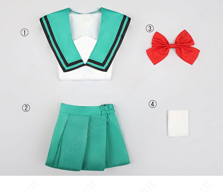 セット内容の一覧画像。トップス・スカート・スカーフ・靴下のフルセットで、届いてすぐ使える構成。