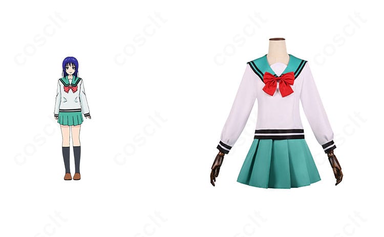照橋心美 制服コスプレの正面全身とキャラクター比較。ミントグリーンの上着と赤スカーフの色再現をチェックできる画像。